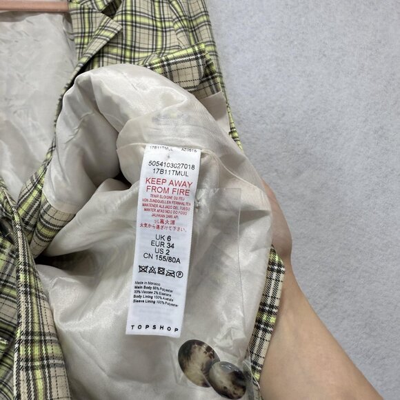 Topshop Blazer Womens US 2 Beige Neon Yellow Plaid Two Button Lined 17B17MULT - Picture 8 of 12